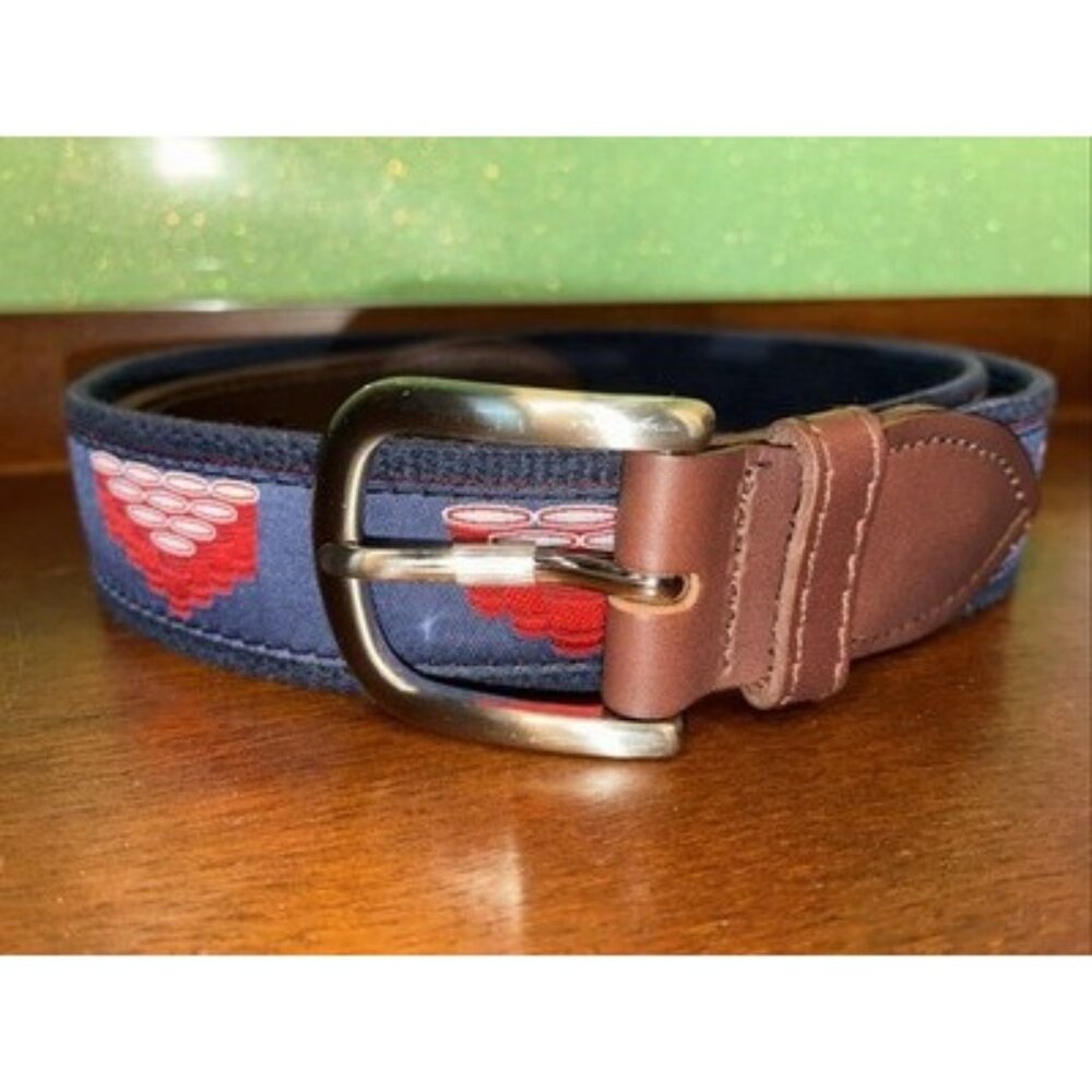 Beer Pong Ribbon Club Leather 34/35” Men’s Belt The Belted Cow Co. Brass Buckle